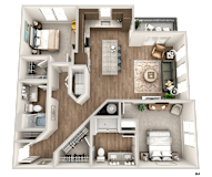 A 3D floor plan of a house with a living room, kitchen, and bedrooms.