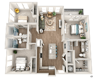 A detailed 3D floor plan of a three-bedroom apartment.