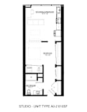 A floor plan of a studio apartment with a kitchen, bedroom and bathroom.