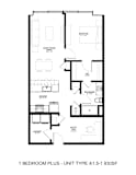 A black and white drawing of a 1 bedroom plus unit.