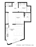 A floor plan of a studio apartment with a kitchen, bathroom, and bedroom.