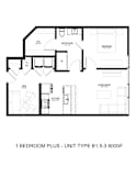 A floor plan of a 1 bedroom plus unit with a kitchen and living room.