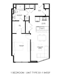 A black and white image of a 1 bedroom apartment layout.