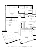 A black and white image of a two bedroom apartment layout.