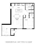 A black and white image of a floor plan for a 1 bedroom plus unit.