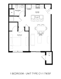 A black and white image of a 1 bedroom floor plan.