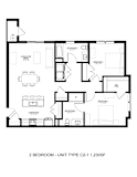 A black and white image of a 2 bedroom apartment layout.