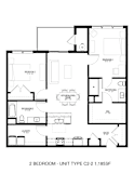 A black and white image of a 2 bedroom apartment layout.