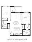 A black and white image of a 2 bedroom apartment layout.