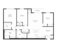 Three bedroom two bath floor plan with patio at Arden of Warrenville Apartments, Warrenville