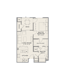 A floor plan of a house with a living room, kitchen, two bedrooms and a bathroom.