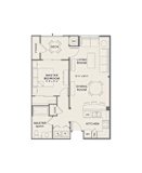 A floor plan of a house with a master bedroom, a living room, a dining room, a kitchen, a master bath, and a deck.
