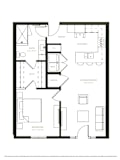 A black and white floor plan of a house with a kitchen, living room, dining room, bathroom, and bedroom.