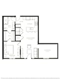 A black and white floor plan of a house with a bedroom, bathroom, kitchen, living room, and a mudroom.