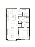 A black and white floor plan of a house with a living room, dining room, kitchen, bathroom, and bedroom.