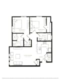 A black and white image of a floor plan for a two bedroom apartment.
