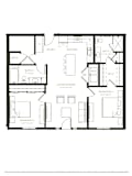 A black and white image of a floor plan for a two bedroom apartment.