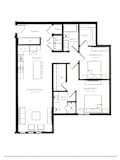 A black and white image of a floor plan for a two bedroom apartment.
