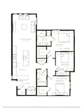 A black and white floor plan of a house with three bedrooms.