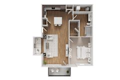 A top-down view of a house layout with a kitchen, living room, and bathroom.
