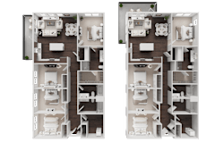 Two images of a dollhouse apartment with white furniture.