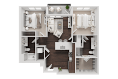 A top-down view of a well-organized apartment layout.