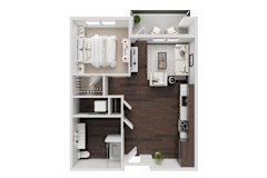 A top-down view of a small, neatly organized apartment with a kitchen, living room, and bathroom.