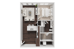 A 3D rendered image of a small, modern bathroom.