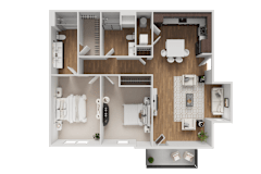 A top-down view of a modern apartment layout with a kitchen, living room, and bedrooms.