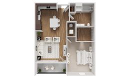 A detailed 3D floor plan of a small apartment.