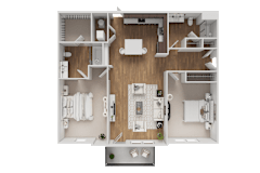 A detailed floor plan of a small apartment with a kitchen, living room, and bathroom.