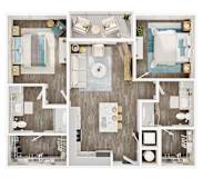 A top-down view of a modern, well-organized apartment with a kitchen, living room, and bathroom. at Allegra at Cocoa in Cocoa, FL, 32926