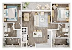 A top-down view of a modern, well-organized apartment with a kitchen, living room, and bathroom. at Allegra at Cocoa in Cocoa, FL, 32926