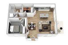 3D floor plan of one bedroom apartment layout at Hackamore North Apartments, Maine