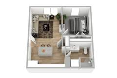 3D floor plan with one bedroom and open living area at Hackamore North Apartments, Maine, 04074