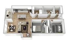 3D floor plan with two bedrooms and open layout at Hackamore North Apartments, Scarborough, ME 04074