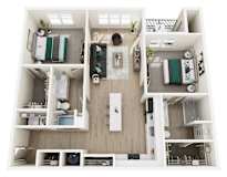 3D floor plan with two bedrooms and two bathrooms at Allure Apartments, Indiana, 46184