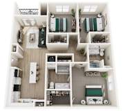 3D floor plan of three bedroom two bathroom apartment at Allure Apartments, Whiteland, IN 46184