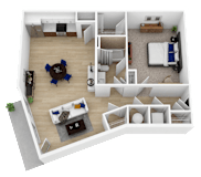 3D floor plan with one bedroom layout at Current812 Apartments, Clarksville, 47129