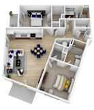 3D floor plan with two bedrooms and two bathrooms at Current812 Apartments, Clarksville, IN
