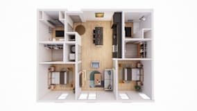 A top down view of a small apartment with a kitchen, living room, and two bedrooms.at The Park Apartments, Ohio, 44113
