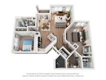 A 3D floor plan of a two bedroom apartment