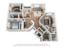 A 3D floor plan of an apartment with three bedrooms