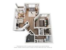 A 3D floor plan of a one bedroom apartment
