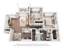 A 3D floor plan of a house with a kitchen, living room, and bathroom.