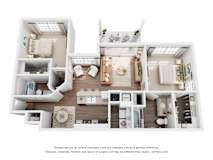 A 3D floor plan of a house with multiple rooms.