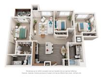 A 3D floor plan of a house with a kitchen, living room, and bathrooms.