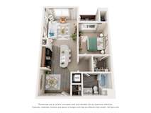 A 3D floor plan of a small apartment with a kitchen, living room, and bathroom.