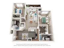 A 3D floor plan of a house layout.