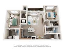 A 3D floor plan of a small apartment with a kitchen, living room, and bathroom.